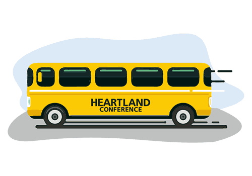 Illustration of a yellow bus with the heartland conference text on the side