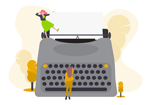 illustration of two very small women standing with a humongous typewriter