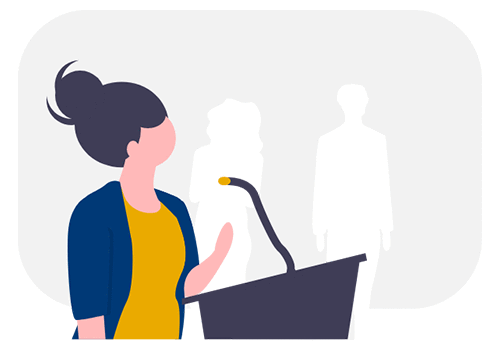 illustration of a speaker standing at a podium with an abstract representation of an audience.